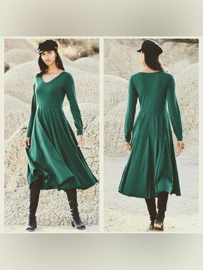 Peruvian Connection Riley Dress Midi Long Sleeve Dress Green Size Medium Pima